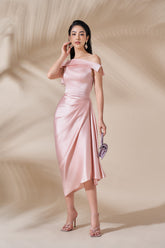 Annette Off Shoulder Draped Midi Silk Dress